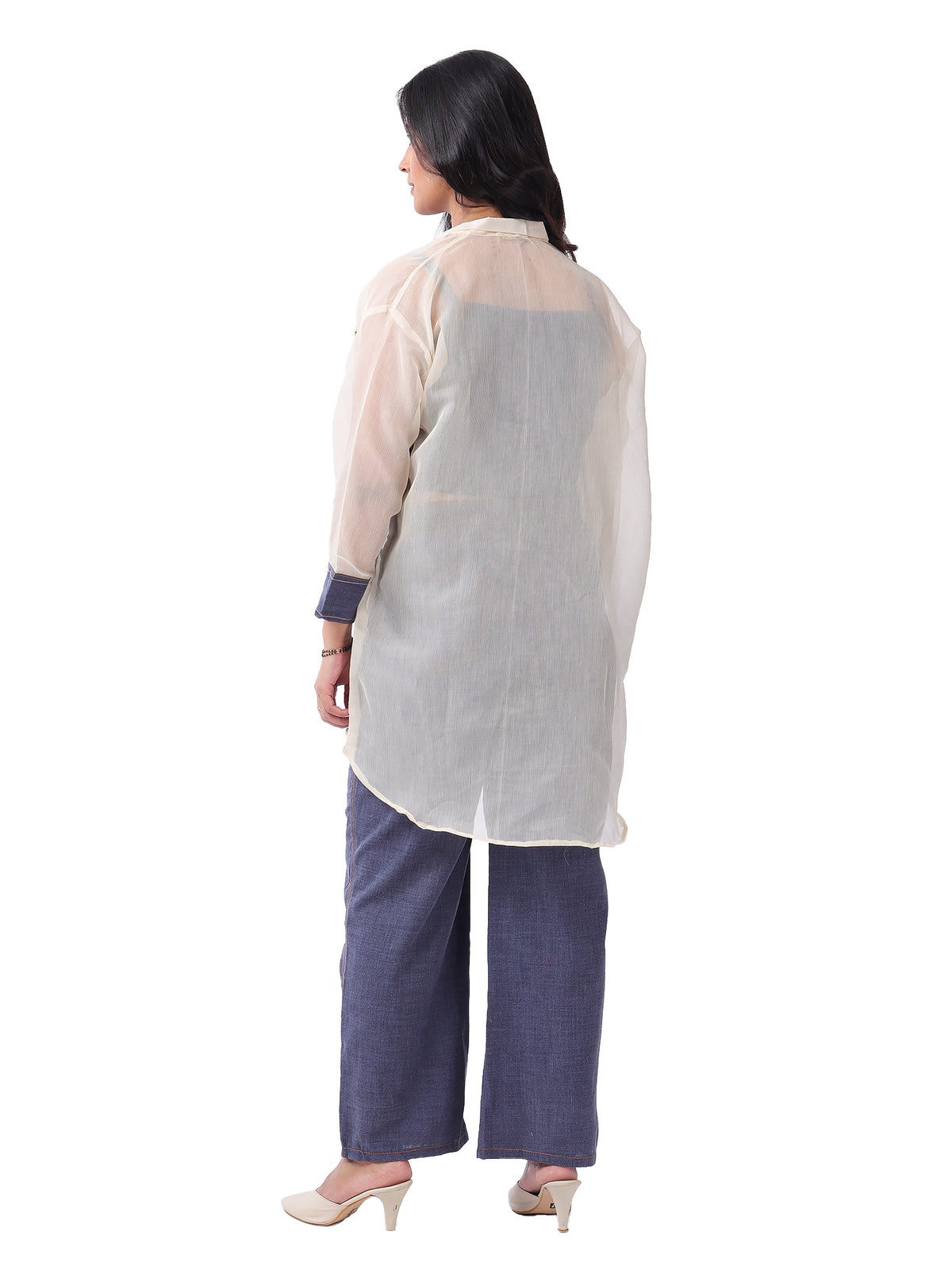 Blue Embroidered Denim Co-Ord Set with Spaghetti Top & Designer Oversized Convertible Collar Organza Shrug