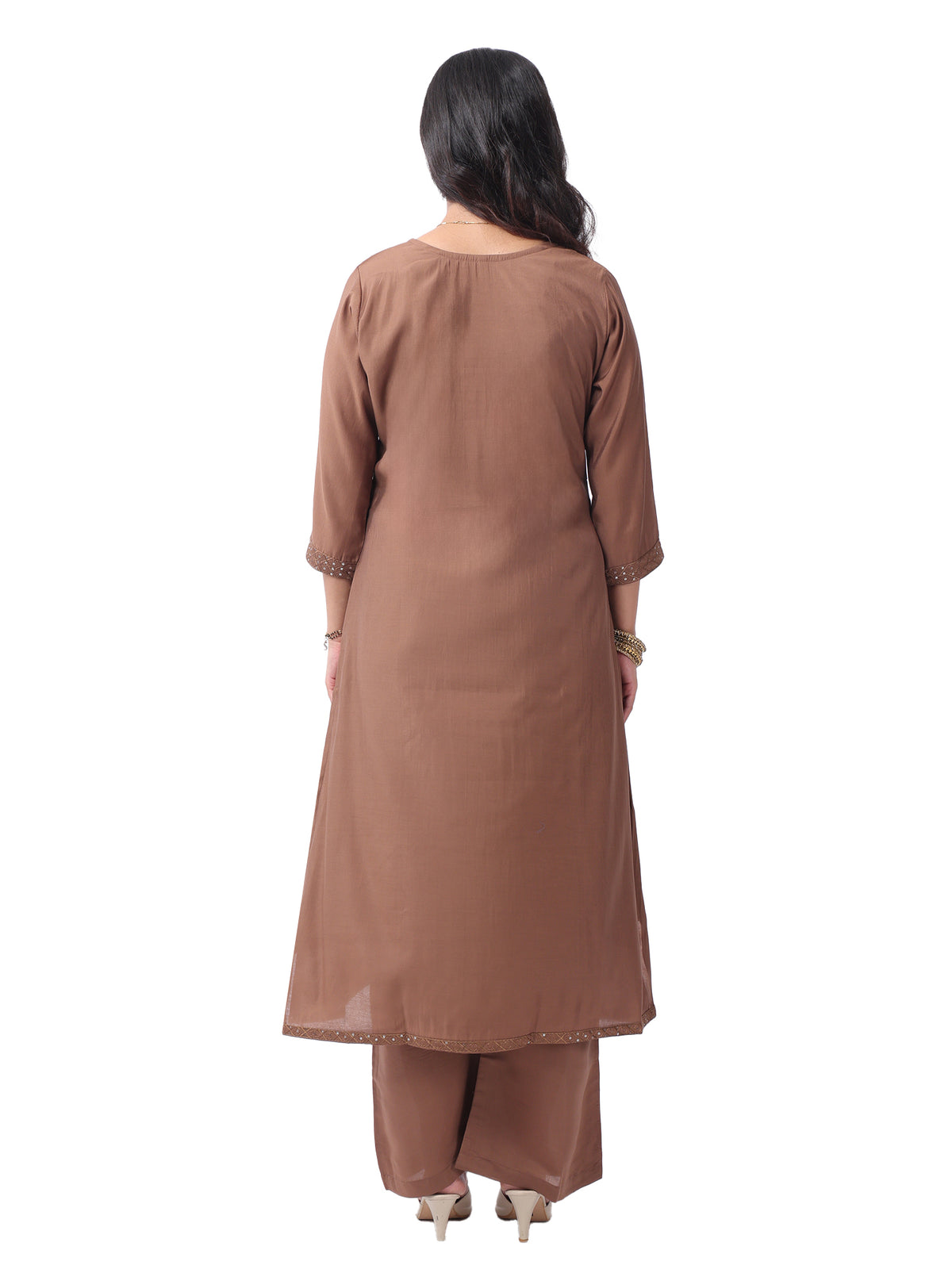 Fash'O'Holic Women's Premium Roman Silk Straight Kurta Pant Set with Printed Dupatta – Coffee Brown