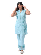 Embroidered kurta pant set Front View - sky blue floral design