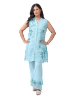 Embroidered kurta pant set Front View details- sky blue floral design
