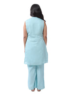 Embroidered kurta pant set Back View - sky blue floral design