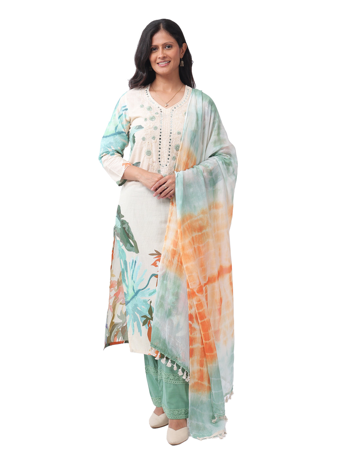 Fash'O'Holic Women's Mint Green Printed Kurta Pant Set with Tie-Dye Dupatta