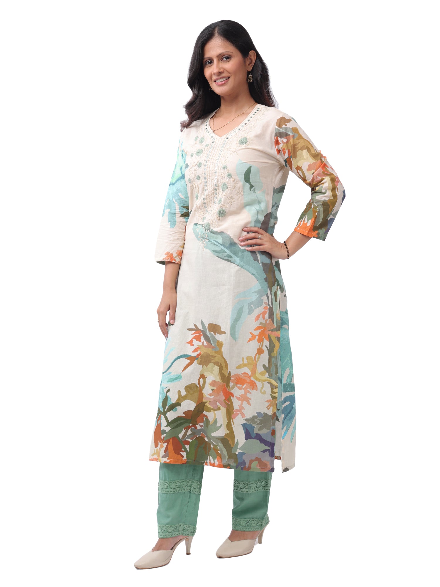 Fash'O'Holic Women's Mint Green Printed Kurta Pant Set with Tie-Dye Dupatta