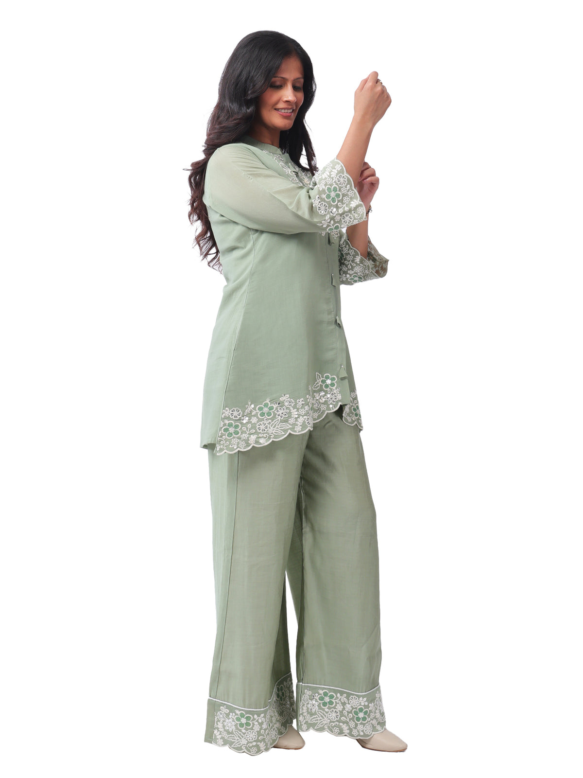 Fash'O'Holic Women's Premium Sage Green Embroidered Silk Co-ord Set