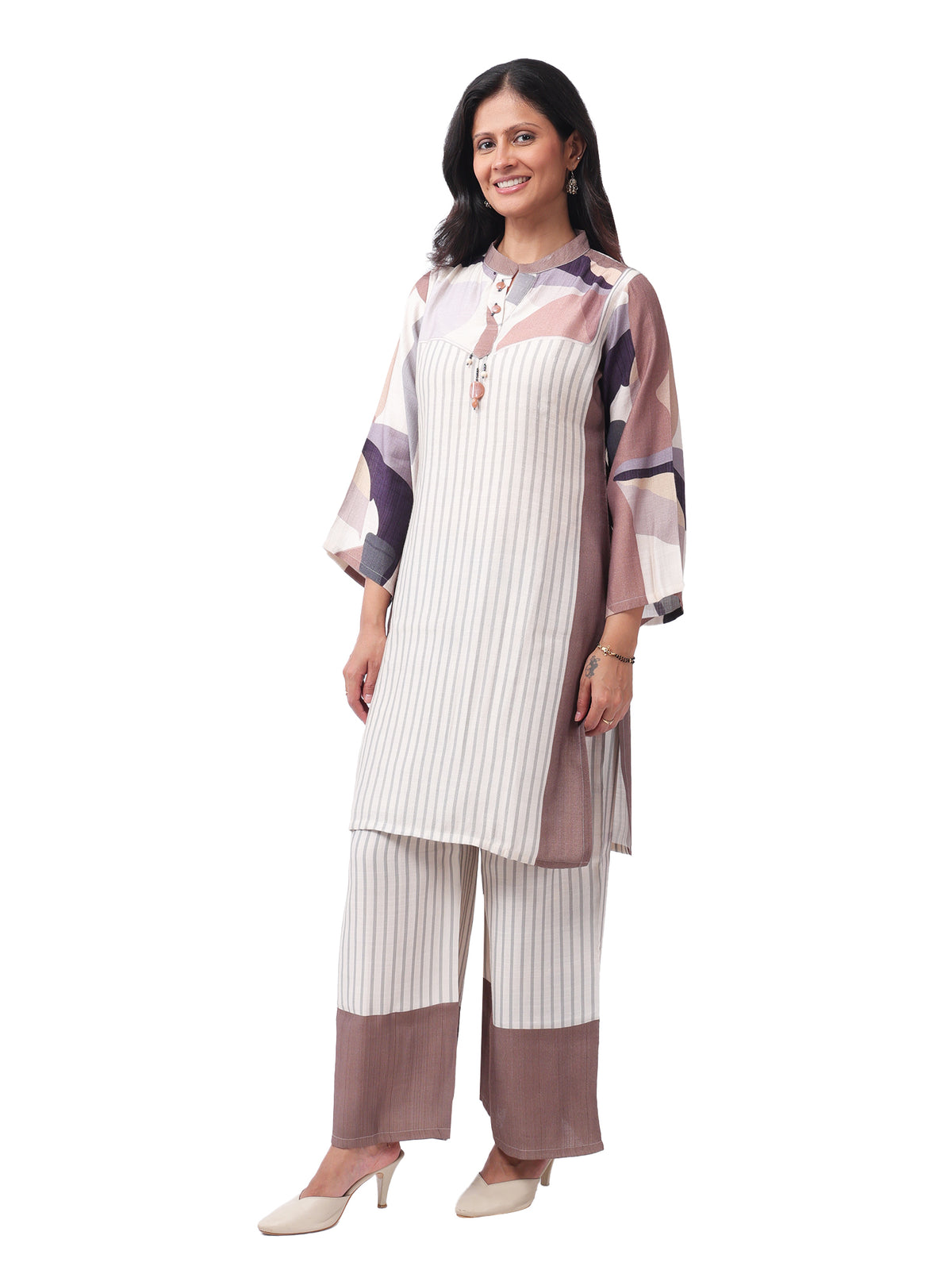 Fash'O'Holic Women's Premium Striped Cotton Kurta Pant Set with Printed Sleeves