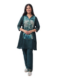 Emerald co-ord set for women – front view showing handcrafted tie-dye panel