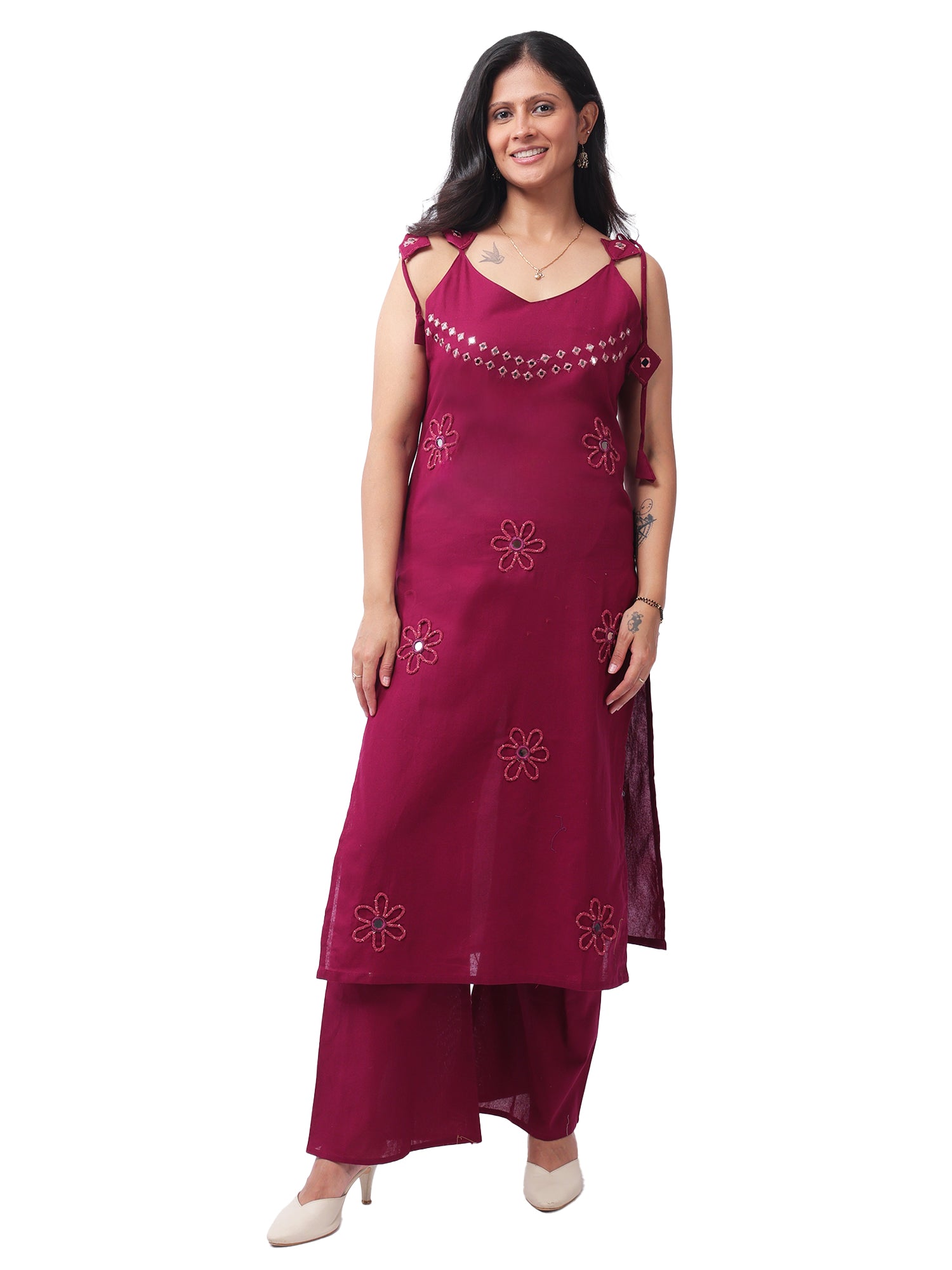 Mirror work kurta set - wine coloured with detailing - Front View