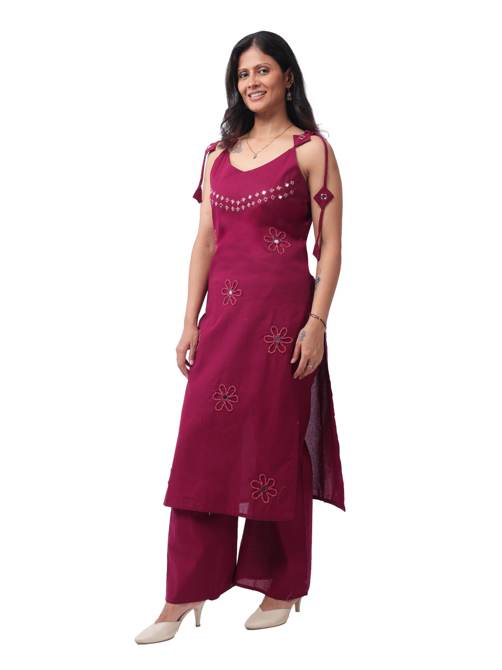 Mirror work kurta set - wine coloured with detailing - Side View