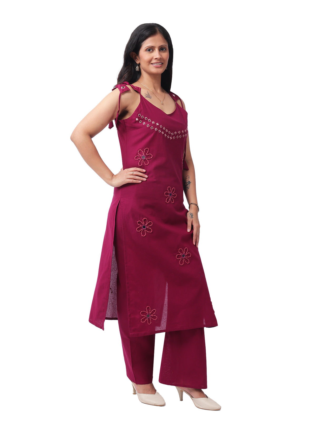 Mirror work kurta set - wine coloured with detailing - Left Side View