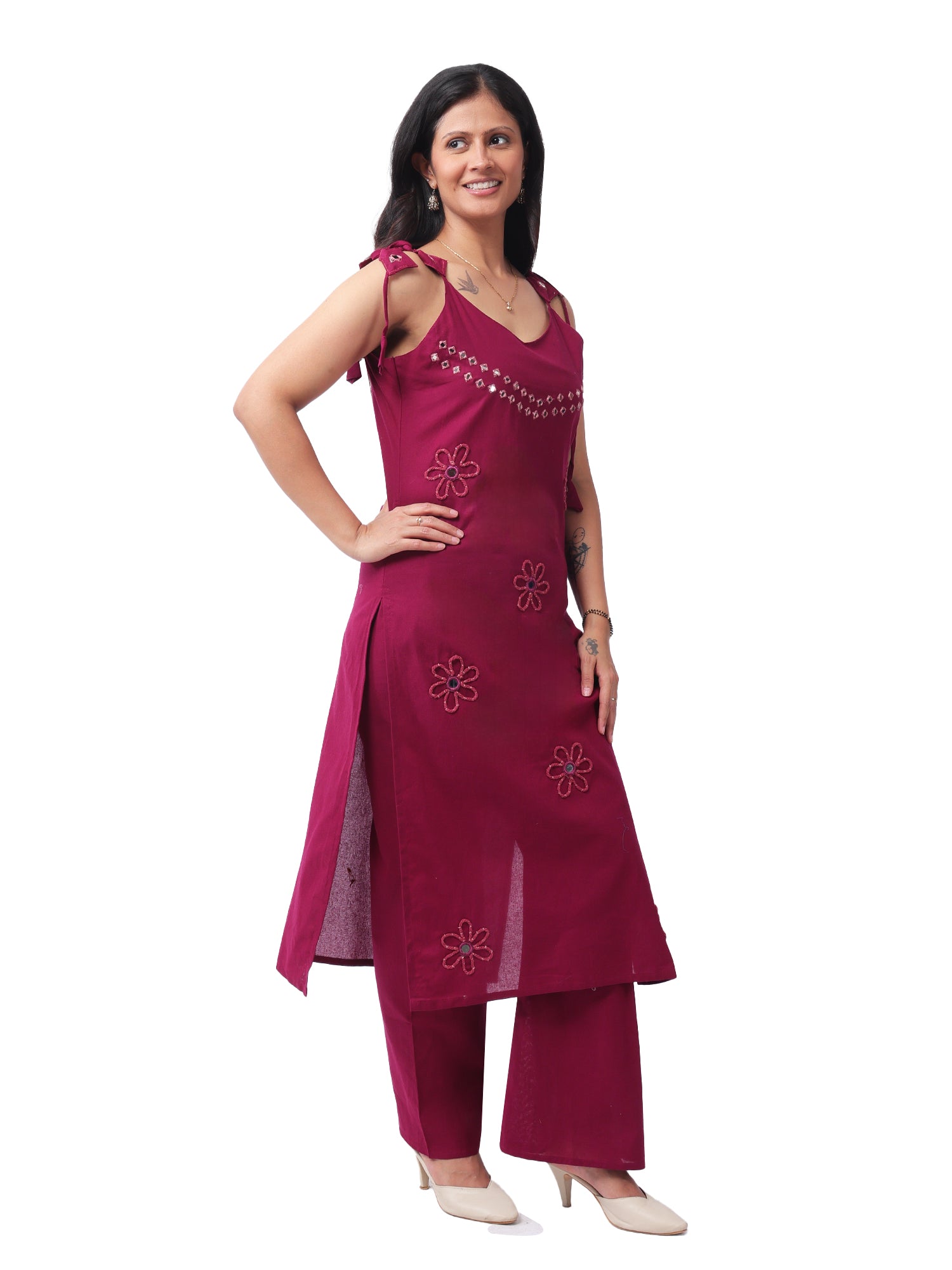 Mirror work kurta set - wine coloured with detailing
