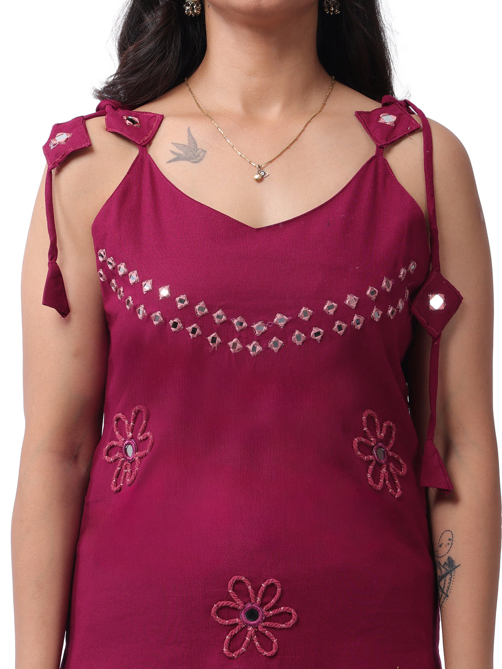 Mirror work kurta set - wine coloured with detailing - Close up