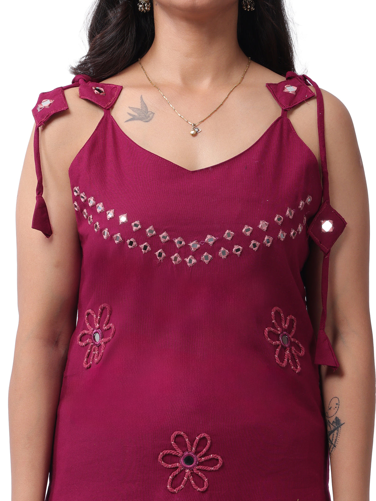 Mirror work kurta set - wine coloured with detailing - Close up
