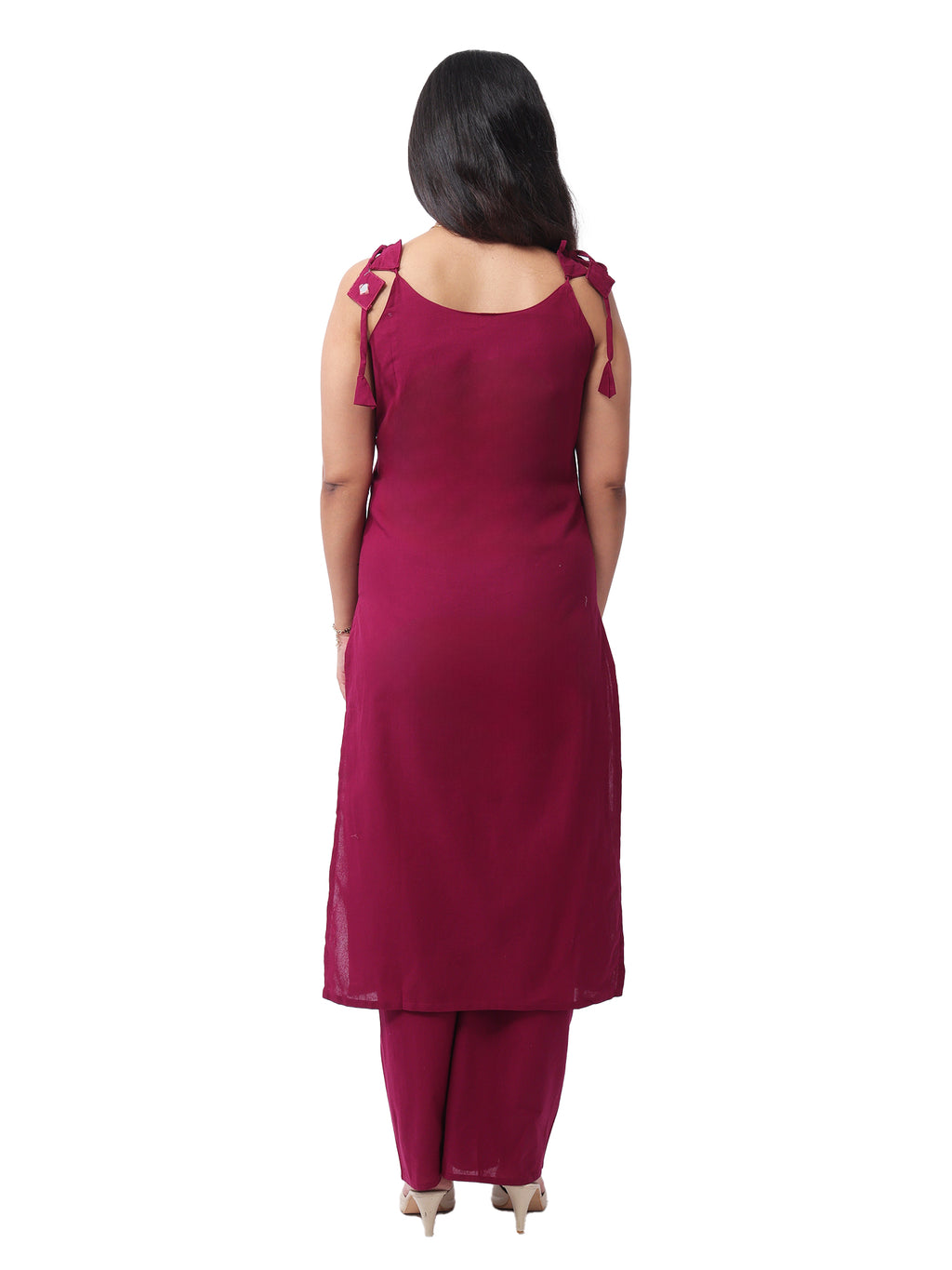 Mirror work kurta set - wine coloured with detailing - Back view