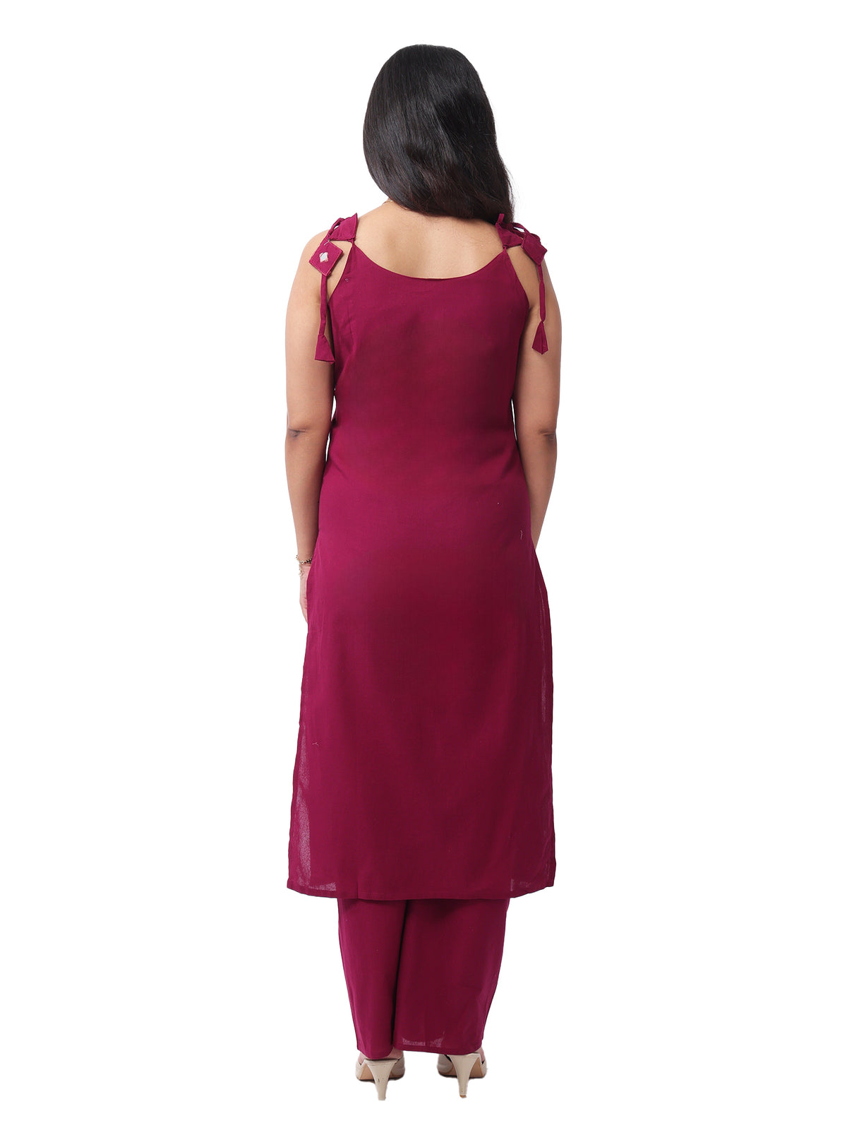 Mirror work kurta set - wine coloured with detailing - Back view