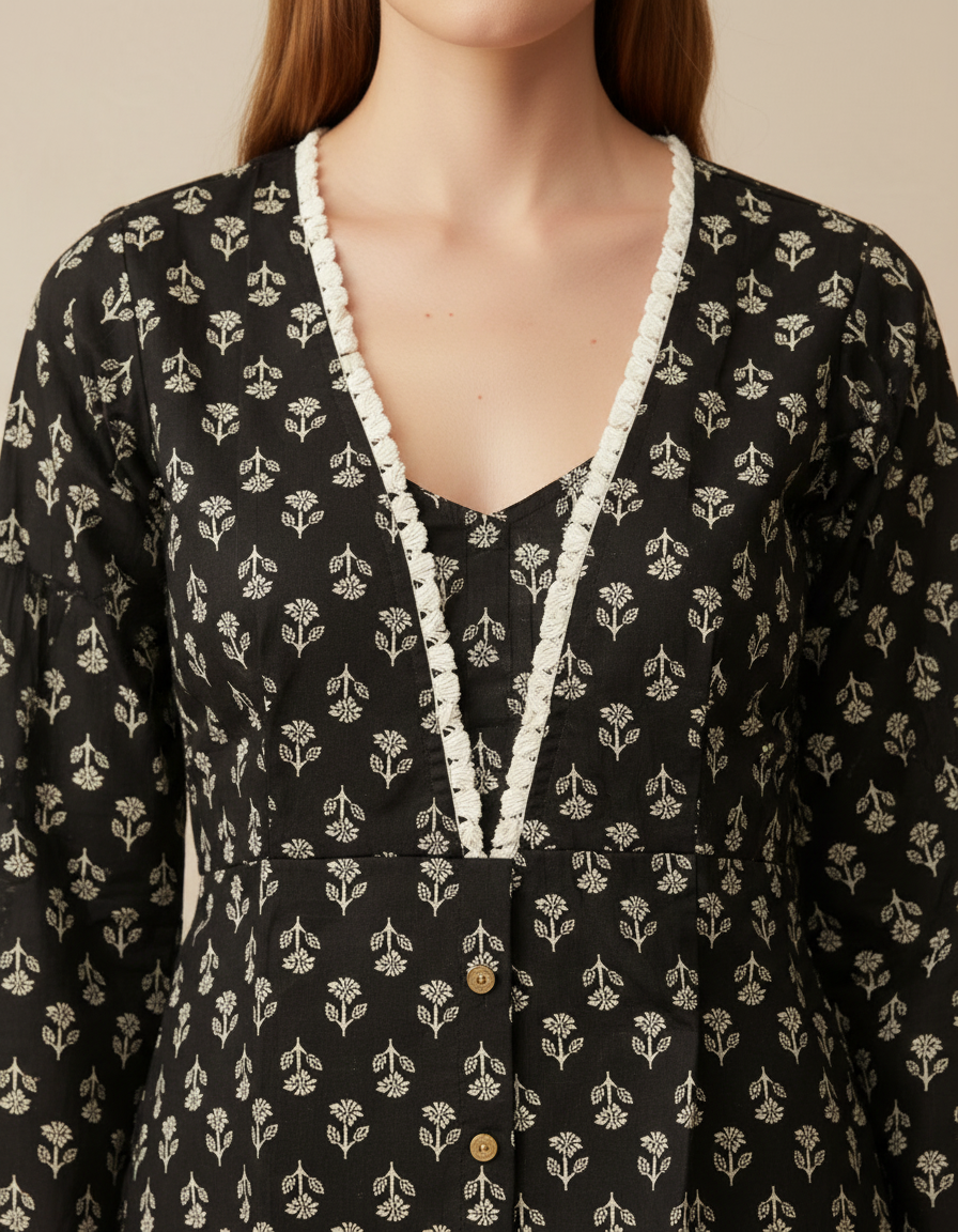 Short kurti for women - black cotton floral block print - Close up
