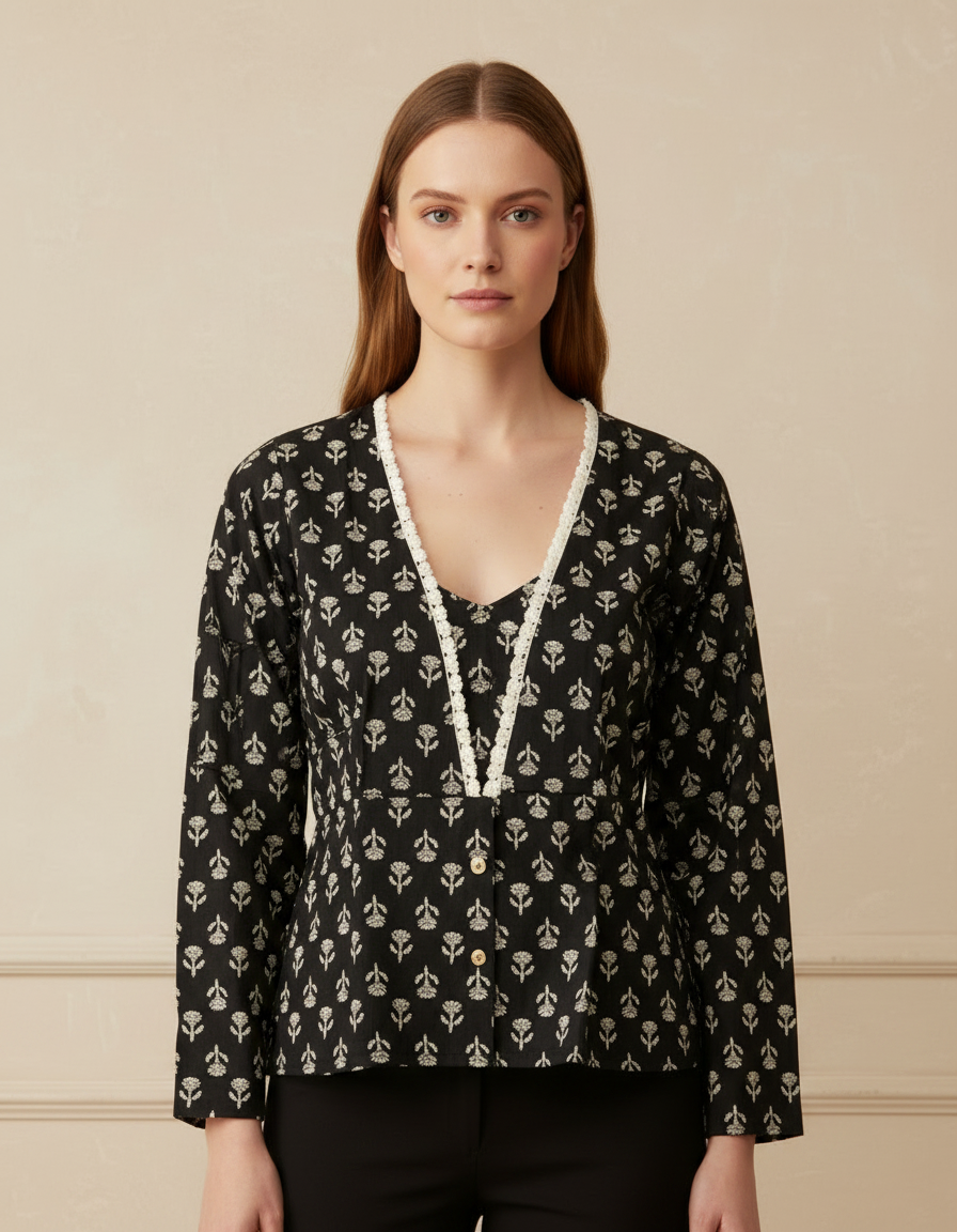 Short kurti for women - black cotton floral block print - Front