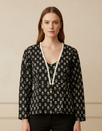 Short kurti for women - black cotton floral block print - Front