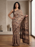 Silk blend saree with tassels - coffee brown printed design - Front View