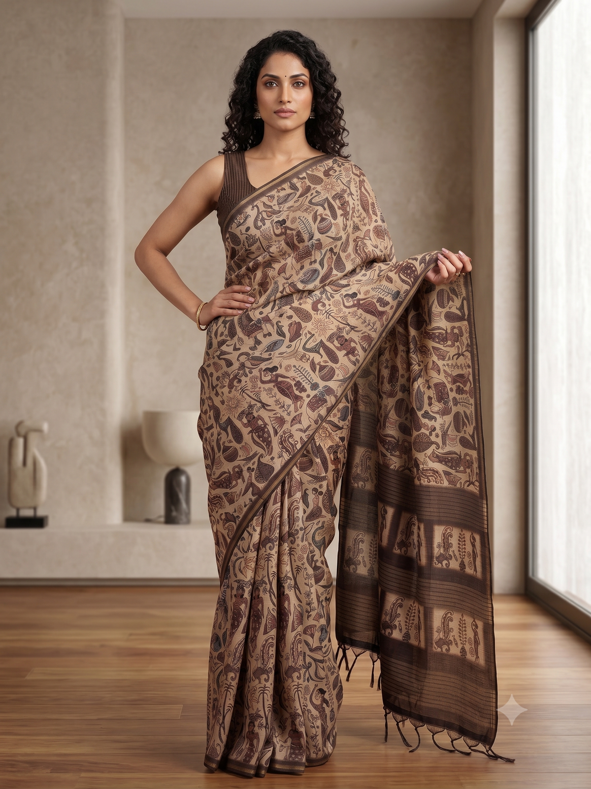 Silk blend saree with tassels - coffee brown printed design - Front View