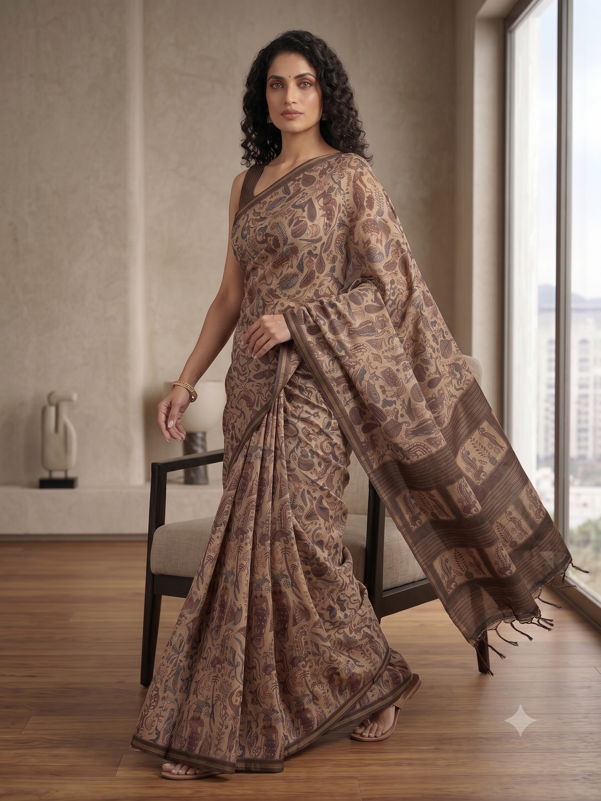 Silk blend saree with tassels - coffee brown printed design - Walk pose