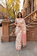 Hand-Painted Floral Ivory Saree with Artistic Border
