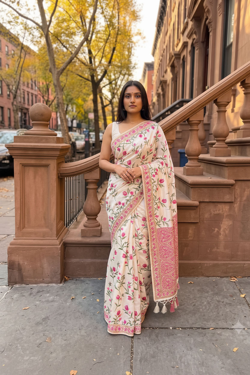 Hand-Painted Floral Ivory Saree with Artistic Border