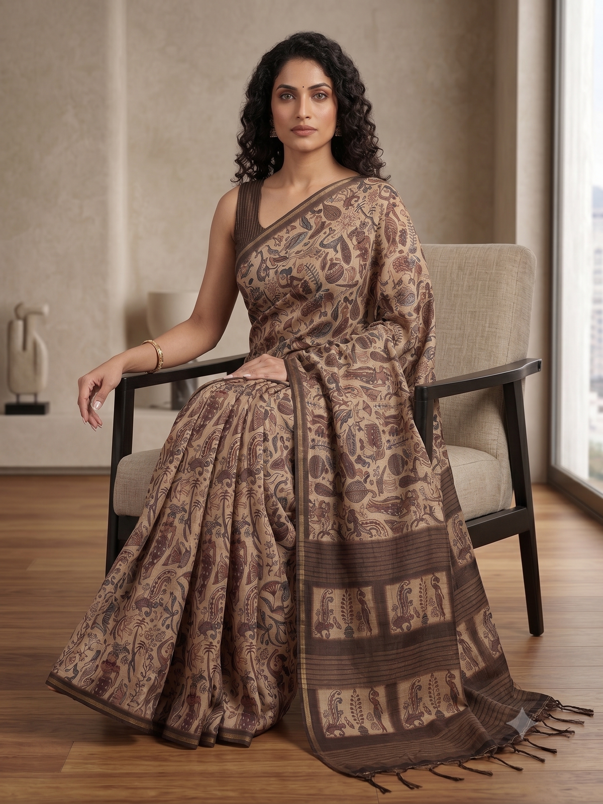 Silk blend saree with tassels - coffee brown printed design - sitting Pose